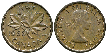 Канада 1 цент 1963 Елизавета II (1952-2022), кленовый лист KM 49 бронза 46-1334