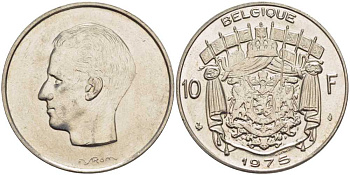 Бельгия 10 франков 1975 Belgique, Бодуэн I (1951-1993) KM 155.1 никель 38-646