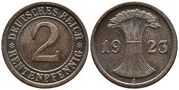ГЕРМАНИЯ 2 РЕНТЕНПФЕННИГА 1923 A KM 31, J. 307 бронза 24-426