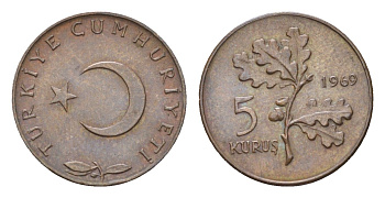 Турция 5 курушей 1969 KM 890.2 бронза UNC 4674-969