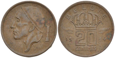 БЕЛЬГИЯ 20 САНТИМОВ 1954 BELGIE KM 147.1 бронза 4528-912