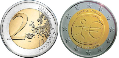 Кипр 2 евро 2009 10 лет монетарной политики ЕС (EMU) и введения евро KM 89 биметалл UNC M44-14