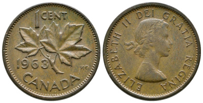 Канада 1 цент 1963 Елизавета II (1952-2022), кленовый лист KM 49 бронза 46-1334