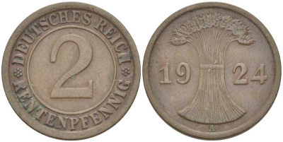 ГЕРМАНИЯ 2 РЕНТЕНПФЕННИГA 1924 A KM 31, J. 307, Weege 3 бронза 206-857