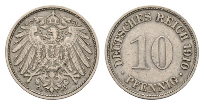 Германия 10 пфеннигов 1910 F, Вильгельм II (1888-1918) KM 12, J. 13 медно-никель 4636-919