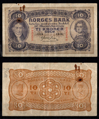 Норвегия 10 крон 1938 Pick 8 c бумага 7457-25-3-2