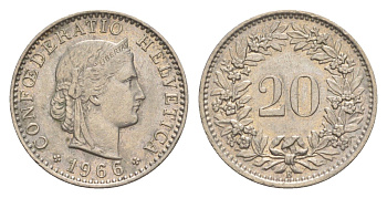 Швейцария 20 раппенов 1966 B KM 29a медно-никель 4625-1153