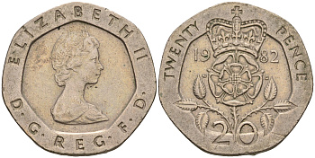 Великобритания 20 пенсов 1982 Елизавета II (1952-2022) KM 931, Spink 4230 (G1) медно-никель    4603-1017