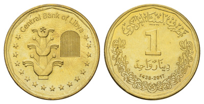 Ливия 1 динар 2017 год-тип KM 36 сталь плакированная латунью UNC 4678-355