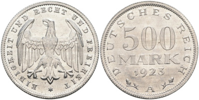 Германия 500 марок 1923 А KM 36, J.305 алюминий UNC 4574-825