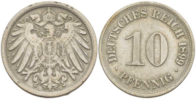 ГЕРМАНИЯ 10 ПФЕННИГОВ 1899 D KM 12, J. 13 медно-никель 4401-1046