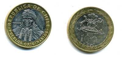 Чили 100 песо 2010 индейцы Мапуче KM 236 биметалл 41-436