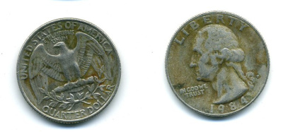 США 25 центов (квотер) 1984 P, Вашингтон KM A164a медь плакированная медно-никелем 57-944