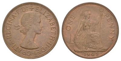 Великобритания 1 пенни 1963 Елизавета II (1952-2022) КМ 897, Spink 4157 бронза 4634-516