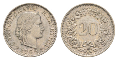 Швейцария 20 раппенов 1966 B KM 29a медно-никель 4625-1153