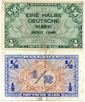 ФРГ 1/2 марки 1948 первый послевоенный выпуск Pick 1a бумага 7217-99-2-2