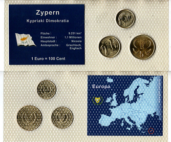 Кипр набор из 3 монет (1, 2 и 5 центов) 2003 и 2004 в красочной упаковке с информацией о стране KM 53.3, 54.3 и 55.3 никель латунь UNC 2-6-3-142