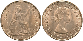 Великобритания 1 пенни 1967 Елизавета II (1952-2022) KM 897, Spink 4157 бронза 32-523