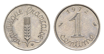 Франция 1 сантим 1972 пятая республика, редкий год, тираж - 1015000 экземпляров KM 928, Le Franc 106.22 нержавеющая сталь UNC 4630-315