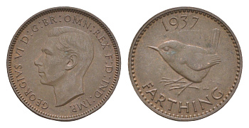 Великобритания 1 фартинг 1937 Георг VI (1936-1952) KM 843, Spink 4116 бронза 3718-244
