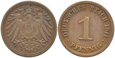 ГЕРМАНИЯ 1 ПФЕННИГ 1911 D KM 10, J. 10, Weege 2 медь 211-448