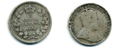 КАНАДА 5 ЦЕНТОВ 1906 ЭДУАРД VII KM 13 серебро 46-2456