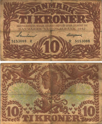 Дания 10 крон 1942 серия  R Pick 31к бумага 8589-9-3-2