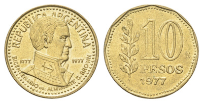 Аргентина 10 песо 1977 200 лет со дня рождения Гильермо Брауна KM 74 алюминиевая бронза UNC 4662-735