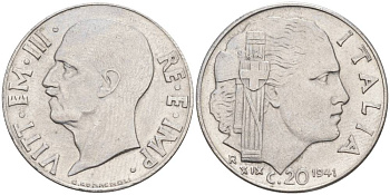 ИТАЛИЯ 20 ЧЕНТЕЗИМО 1941 R, ГОД XIX, ВИКТОР ЭММАНУИЛ III (1900-1946) KM 75b, VEM3. 1028 нержавеющая сталь 3853-827