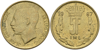 Люксембург 5 франков 1987 Герцог Жан (1964-1999) KM 60 алюминиевая бронза 4573-726