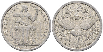Французская Новая Каледония 2 франка 1991 птица кагу, (IEOM) KM 14, Schoen 11, Lec 67 алюминий    23-651