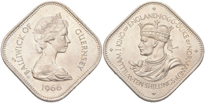 Гернси 10 шиллингов 1966 900 лет Нормандскому завоеванию KM 19 медно-никель UNC 4620-1116