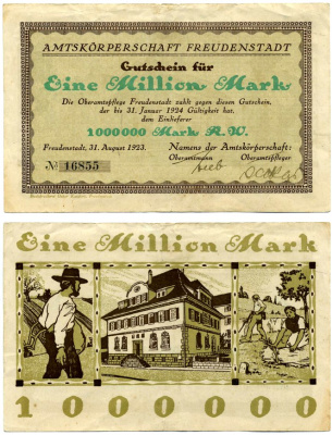 ФРОЙДЕНШТАДТ 1000000 марок (1 миллион) 1923 31 августа 1923 - 31 января 1924, нотгельд, земля Баден-ВЮРТЕМБЕРГ, AMTSKORPERSCHAFT FREUDENSTADT Keller 1610 бумага 7191-57-1-2
