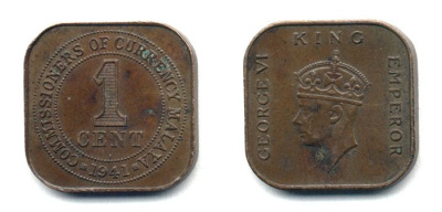 Британская Малайя 1 цент 1941 Георг VI (1937-1952) KM 2 бронза 25-445