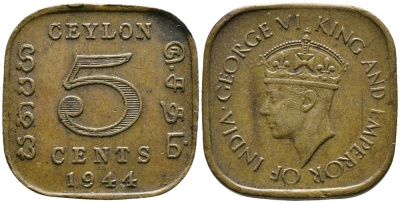 ЦЕЙЛОН 5 ЦЕНТОВ 1944 ГЕОРГ VI (1937-1952) KM 113.2 никель латунь 4549-548