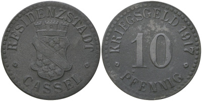 Кассель (Пруссия, Гессен-Нассау) 10 пфенингов 1917 Funck 78.4, Men05 4302.4, Men18 5464.4 железо 4175-517