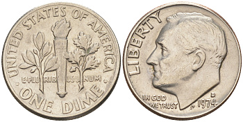 США 10 центов (дайм) 1974 D, Франклин Рузвельт KM 195а медь плакированная медно-никелем 188-411