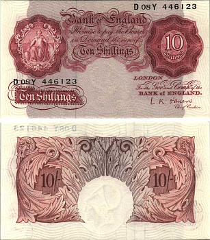 АНГЛИЯ 10 ШИЛЛИНГОВ 1955-1960 КОРИЧНЕВАЯ, ПОДПИСЬ L.K. O'BRIEN Pick 368c бумага UNC (ПРЕСС) 7217-25-1