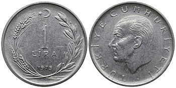 Турция 1 лира 1975 Мустафа Кемаль Ататюрк KM 889а.2 нержавеющая сталь 47-223
