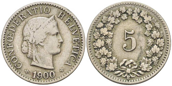 ШВЕЙЦАРИЯ 5 РАППЕНОВ 1900 В KM 26 медно-никель 3955-1121