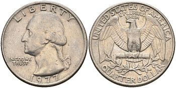 США 25 центов (квотер) 1977 Вашингтон KM A164a медь плакированная медно-никелем 4584-1054