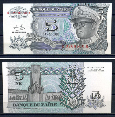 Заир 5 новых макут 1993 Мобуту Сесе Секо в военной форме, монумент независимости Pick 48a бумага UNC (пресс) 8616-57-2-1