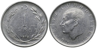 Турция 1 лира 1975 Мустафа Кемаль Ататюрк KM 889а.2 нержавеющая сталь 47-223