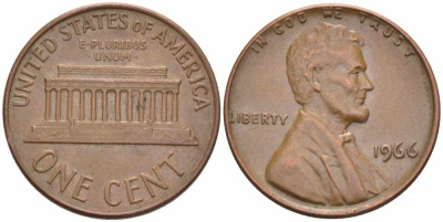 США 1 ЦЕНТ 1966 ЛИНКОЛЬН KM 201 медь цинк 105-568