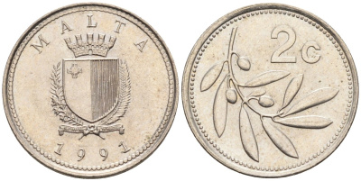 Мальта 2 цента 1991 оливковая ветвь KM 94 медно-никель 4585-1266
