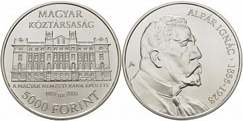 Венгрия 5000 форинтов 2005 Игнац Альпар, здание венгерского национального банка, тираж 3000 экземпляров KM 783 серебро UNC 1077-7-54