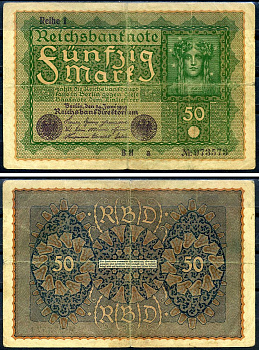 Германия 50 марок 1919 24 июня 1919, reihe I, серия BH, выпуск с ноября 1919 года Pick 66 (1), Rosenberg 62аа бумага 8619-26-1-2