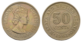 Малайя и Британское Борнео 50 центов 1961 Елизавета II (1952-2022), британские колония KM 4 медно-никель aUNC 4671-212