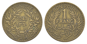 Тунис 1 франк 1941 KM 247 алюминиевая бронза 4179-532