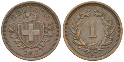 Швейцария 1 раппен 1917 B KM 3 бронза 4532-1119